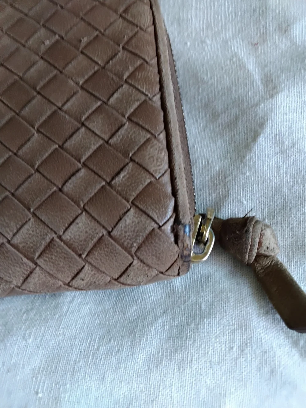 Authentic Bottega Veneta Woven Zip-Around Wallet in Taupe